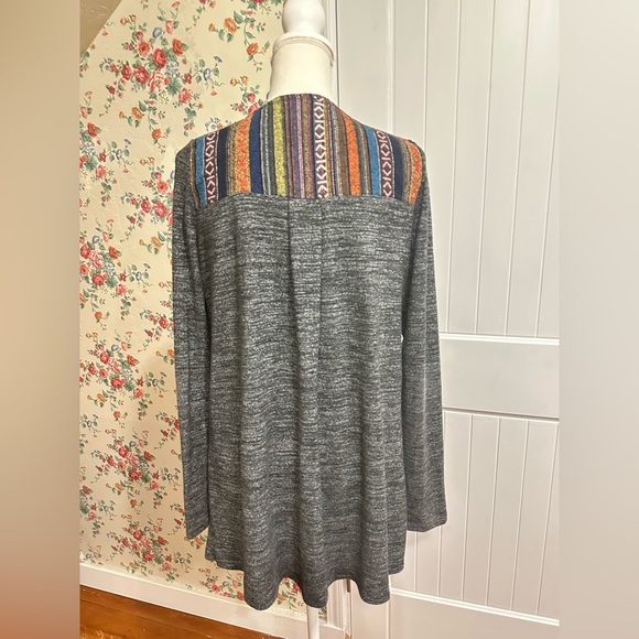 Gray Open Front Cardigan Sweater with boho Aztec Stripes at shoulder - Picture 3 of 7